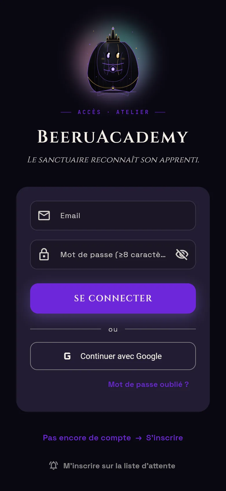 Écran de connexion mobile de l'application BeeruAcademy : même hiérarchie qu'en desktop, mascotte BEERU en haut, formulaire centré pleine largeur.