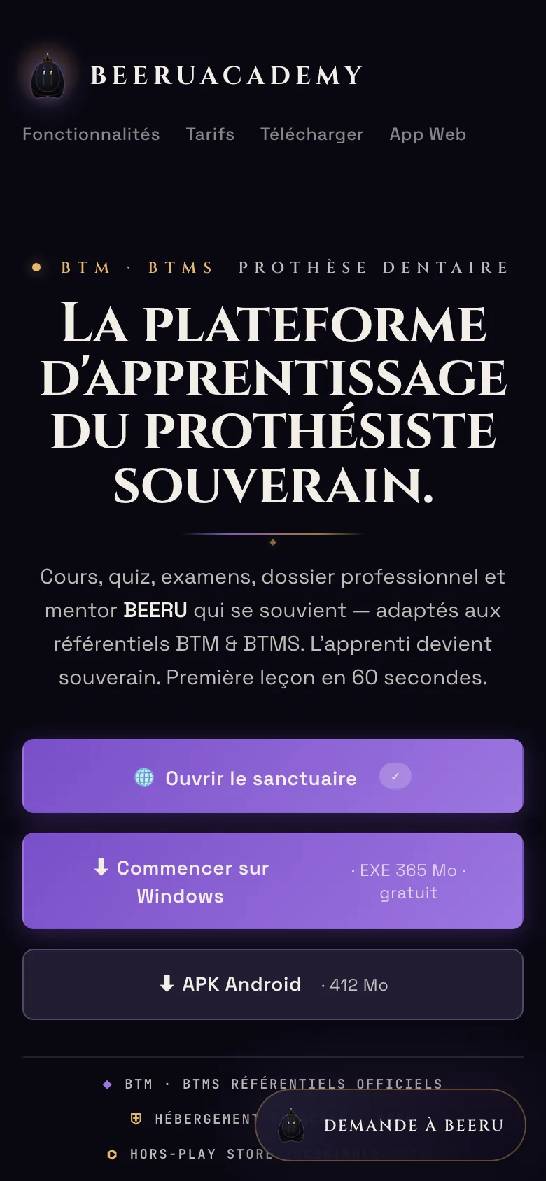 Page d'accueil mobile de BeeruAcademy : même contenu hero en colonne unique, palette indigo-pourpre conservée, CTAs empilés.
